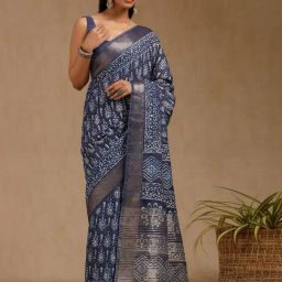 Soch Indigo Viscose Printed Saree With Unstitched Blouse Piece-picture-44