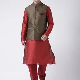 DEYANN Men Brown & Maroon Solid Kurta with Churidar-image-71