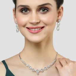 Karatcart Silver Tone Floral Design Light Green Cubic Zirconia Studded Necklace Set-image-55