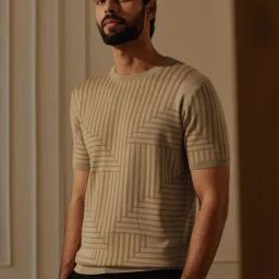 ANDAMEN Light Brown Regular Fit Striped Crew T-Shirt-picture-31