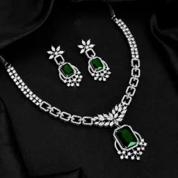 Voylla Silver Sparkling Essentials Gleaming Emerald American Diamond Necklace & Earring Set-picture-22