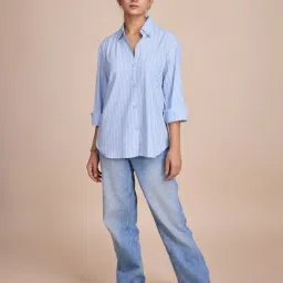 House of Mira Blue Cotton Blend Stripes Shirt-image-73