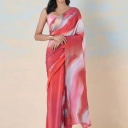 navyasa by liva Pink & White Printed Saree With Unstitched Blouse-image-41