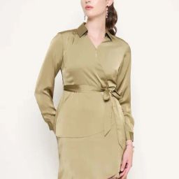 MADAME Green Plain A-Line dress Wrap Dress-image-6