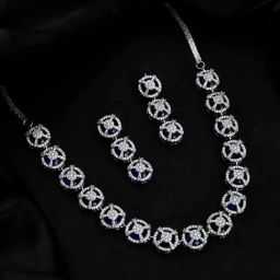 Voylla Silver Sparkling Essentials Celestial Blue American Diamond Necklace & Earring Set-picture-19