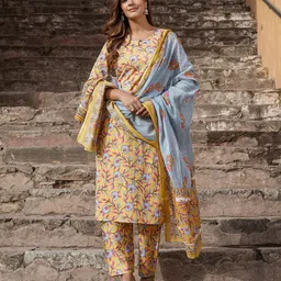 Jaitpuriya Women Floral Printed Regular Pure Cotton Kurta with Trousers & With Dupatta-image-67