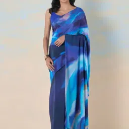 navyasa by liva Blue Printed Saree With Unstitched Blouse-picture-37