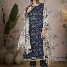 Sangria Floral Printed A-Line Pure Cotton Kurta With Trousers & Dupatta-picture-17