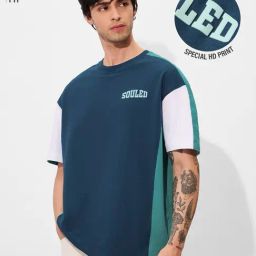 The Souled Store Blue Cotton Loose Fit Colour Block T-Shirt-image-47