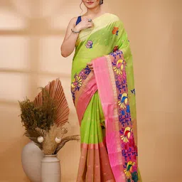PuJoy Floral Zari Pure Cotton Taant Saree-picture-28