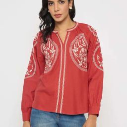 Madame Red Relaxed Fit Embroidered Top-image-8