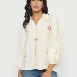 Madame Off White Regular Fit Embroidered Top-image-61