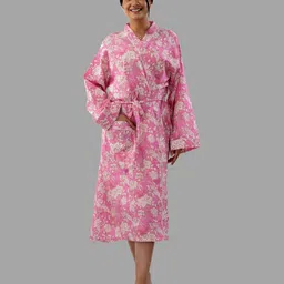 HANDICRAFT PALACE Floral Printed Pure Cotton Bath Robe With Belt-image-5