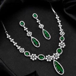 Voylla Silver Sparkling Essentials Emerald Glam American Diamond Necklace & Earring Set-picture-22