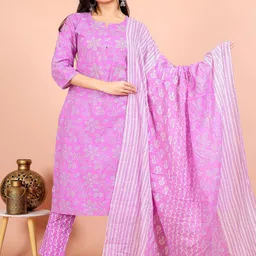 Rudra Bazaar Floral Printed Notch Neck Pure Cotton Straight Kurta With Trousers & Dupatta-picture-44