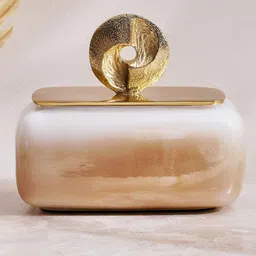 Home Centre Eternity Vogue Gwen Gold Toned & Cream Colored Glass Metal Trinket Box-image-40