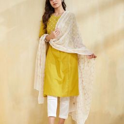 Fabindia Floral Embroidered Beads And Stones Cotton Silk Dupatta-image-60