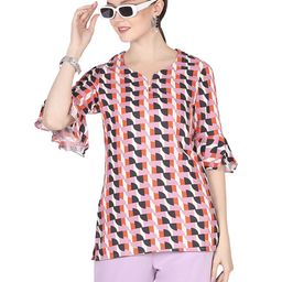 PRIDEWEAR Geometric Print Bell Sleeve Ruffles Top-picture-9