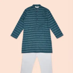 Indus Route by Pantaloons Kids Teal Blue & White Cotton Printed Full Sleeves Kurta Set-image-88