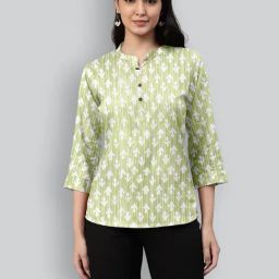 Lyra Green Mandarin Collar Printed Top-image-1