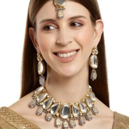 Karatcart Grey Tumble Studded Polki Kundan Choker Necklace Set For Women-35