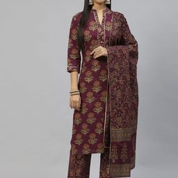 Divena Women Purple & Green Floral Printed Cotton Kurta with Trousers & Dupatta-18
