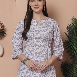 KALINI Floral Printed Notch Neck Pure Cotton Straight Kurti-image-2
