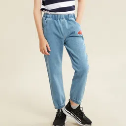 Kookie Kids Full Length Washed Jeans with Car Embroidery - Blue-picture-0