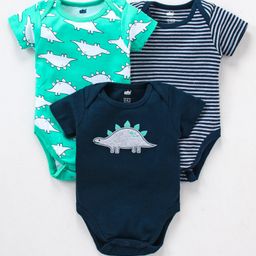 Simply Cotton Interlock Half Sleeves Striped Onesie Dino Print Pack of 3 - Green & Navy Blue-image-11