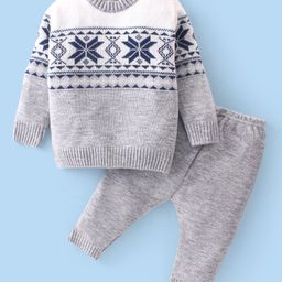 Babyhug Cotton Knit Full Sleeves Sweater Set Cable Knit Design- Grey-image-87