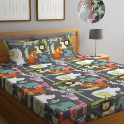 FABINALIV Cartoon Print 300 TC Cotton Blend King Size Fitted Double Bedsheet with 2 Pillow Covers - Multicolor-20
