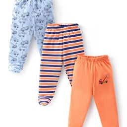 Babyhug Cotton Footed Bootie Leggings Striped & Construction Vehicles Printed Pack of 3 - Blue & Orange-image-80