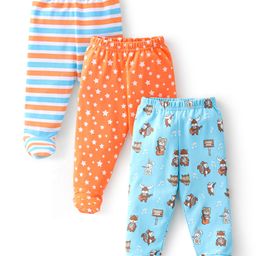 Babyhug Cotton Knit Footed Bootie Leggings Striped & Bear Printed Set of 3 - Orange & Blue-1