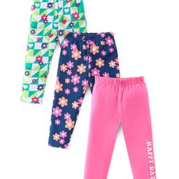 Babyhug Cotton Lycra Knit Stretchable Leggings Floral Print Pack of 3 - Multicolor-image-50