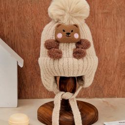 Yellow Bee Teddy Applique & Pom Pom Detailed Knitted Beanie - Beige-picture-15