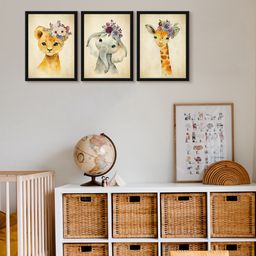 999Store Modern Art Kids Painting For Wall Decor - Three Animal Lion Elephant Giraffe With Flower-image-11