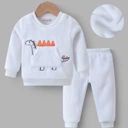 Kookie Kids Full Sleeves Winter Wear T-Shirt & Lounge Pant Set with Dino Patch & Kangaroo Pockets - White-image-83
