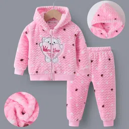 Kookie Kids Full Sleeves Winter Wear Hooded Sweatjacket & Lounge Pant Set with Bear Patch -Pink-picture-37