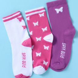 Pine Kids Cotton Nylon Knit Ankle Length Socks Butterfly & Brant Text Design Pack of 3 - Purple White & Pink-image-4
