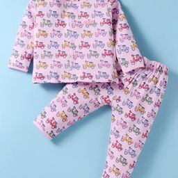 ToffyHouse Single Jersey Knit Full Sleeves Front Open Night Suit with Vehicle Print - Pink-image-38