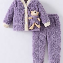 Kookie Kids Full Sleeves Front Open Winter Wear Night Suit With 3D Teddy Applique - Purple-image-53