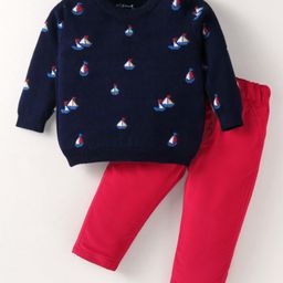 ToffyHouse Cotton Knit Winter Wear Suits Full Sleeves Boat Design Sweatshirt & Solid Color Joggers Set - Navy Blue & Red-image-90