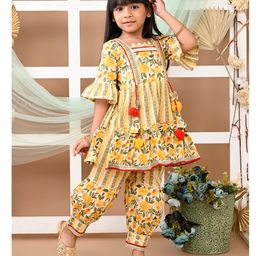 LIL PITAARA Pure Cotton Half Bell Sleeves Floral Printed Gota Lace & Pompom Latkan Embellished Kurta & Coordinating Afghani Pant Set - Yellow-image-30