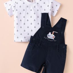 ToffyHouse Interlock Knit Half Sleeves T-Shirt & Dungaree with Boat Patch and Anchor Print - Navy Blue & White-image-77