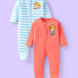 Babyhug Disney Interlock Knit Full Sleeves Footed Sleep Suits With Lion King Graphics Pack of 2 - Coral & Light Blue-picture-40