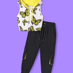 Ollington St. Sinker Knit Sleeveless Butterfly Printed Hooded Top & Joggers with Pocket - Yellow White & Black-picture-4