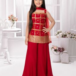 Tiny Kingdom Georgette Sleeveless Bandhani Printed Foil Checked Kurta Palazzo With Dupatta Set - Red-image-81