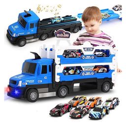 HAPPY HUES Big Hauler Storage & Deform Truck Toy with 55 inch 2 Ejection Race Track & 6 Die-cast Cars- Catapult Truck with LED Light & Music for Kids- Blue-10