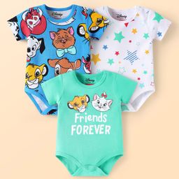 Babyhug Disney Interlock Knit Half Sleeve Onesies With Disney Character Graphic Pack Of 3 - Light Green & Blue-image-60