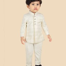 ETHNIKS NEURON Chanderi Silk Full Sleeves Damask Embroidered Kurta Pyjama Set - Cream-19